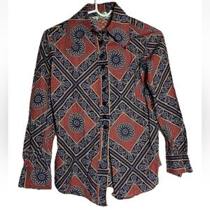 Vintage 70s CHARADE Women’s Small Button Blouse Cotton Paisley Mod Hippy